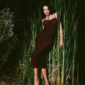 NWT Of Planet Earth the Snatch Midi Dress berry noire ribbed knit striped red